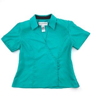 Sag Harbor Beautiful‎ Shiny Green Blouse 6 Petite Shoulder Pads Uniform Collared